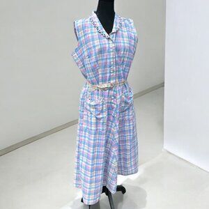 *VINTAGE* Pastel Plaid Sleeveless Button-Front Midi Dress